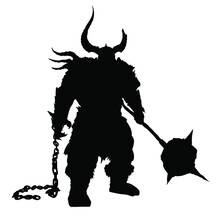 A Black Silhouette Of A Huge, Sinister, Stocky Ogre With A Giant Spiked Hammer, A Broken Chain In His Other Hand, And A Helmet With Horns, One Of Which Is Broken . 2d Illustration.