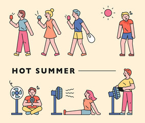 Wall Mural - hot summer and people. people buy ice cream and sit in front of a fan to be struck by the wind. flat