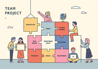 Team project concept banner template. People are putting together a large puzzle piece. flat design style minimal vector illustration.