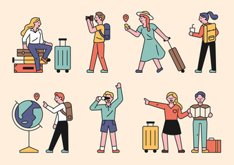 Wall Mural - people doing sightseeing with suitcases. tourist character collection. flat design style minimal vec