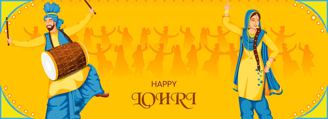 Punjabi People Performing Bhangra Dance With Dhol Instrument On Yellow Background For Happy Lohri Celebration.