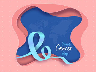 Poster - Paper Layer Cut Background With Blue Awareness Cross Ribbon For World Cancer Day Concept.