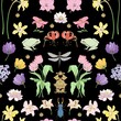 Floral art Nouveau ornament with nascent seamless vector. The pattern contains many elements: tulips, lilies, daffodils, beetles, dragonflies.