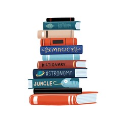 Huge vertical stack of academic and entertainment books with colorful covers vector flat cartoon illustration. Pile of educational and fiction literature isolated on white background