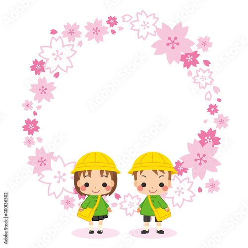 幼稚園に入園する可愛い女の子と男の子のイラスト 仲良しキッズペア 桜フレーム Wall Mural ぽこたぽこ 幼稚園に入園する可愛い女の子と男の子のイラスト 仲良しキッズペア 桜フレーム Wall Mural ぽこたぽこ
