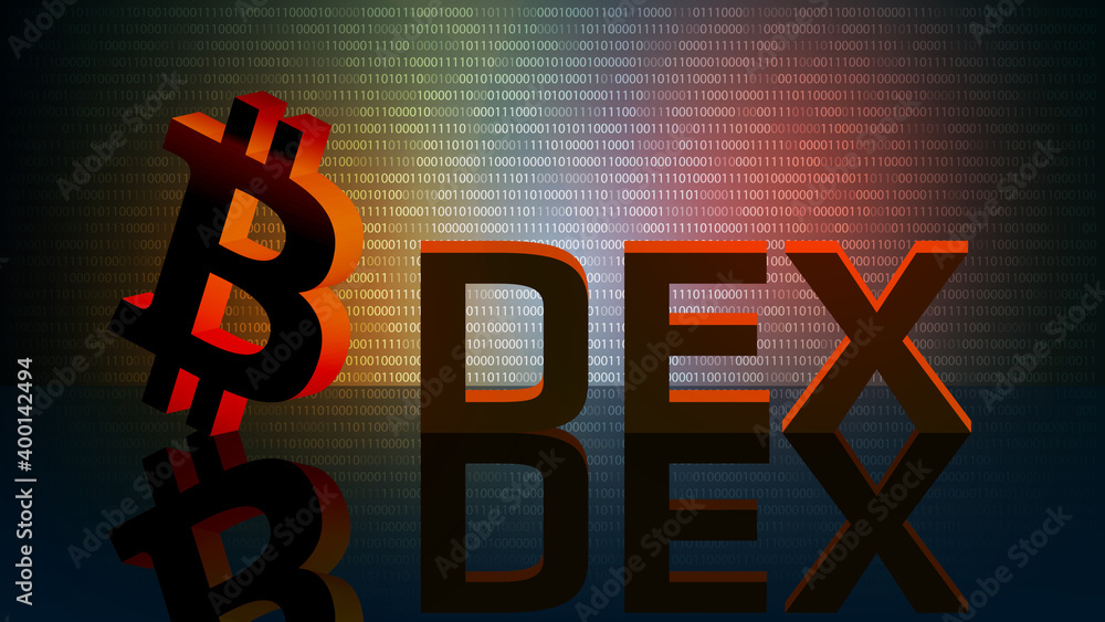 DEX decentralized exchange and bitcoin symbol on mirrored floor with digital background. DEX allows you to exchange cryptocurrencies without intermediaries.