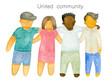 © Viktoria Skripkina - United community. Figurines of people. Friendly hugs. Teamwork. Isolated on white. Watercolor hand drawn elements. Cartoon