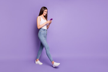 Wall Mural - full body profile side photo of brown haired lady wear white singlet write message walk isolated on 