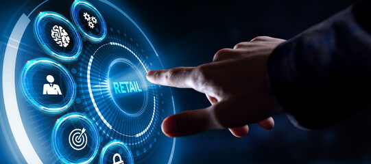 The concept of business, technology, the Internet and the network. A young entrepreneur working on a virtual screen of the future and sees the inscription: Retail