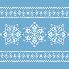 Wall Mural - White painted snowflakes on a colored background. Seamless embroidered pattern. Merry Christmas! Winter holiday. Vector illustration for web design or print.