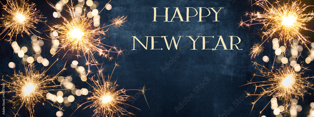 HAPPY NEW YEAR 2021 background greeting card - Firework, sparklers and bokeh lights and sparklers on dark blue night sky - obrazy, fototapety, plakaty 