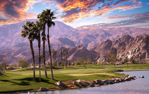 golf courseat sunset in palm springs, california