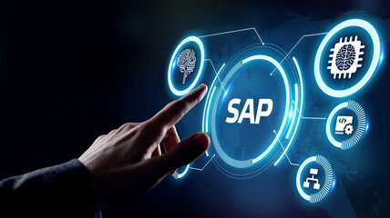 SAP System Software Automation concept on virtual screen data center. Business, modern technology, internet and networking concept.
