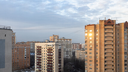 Poster - above view of residential district at sunrise in Moscow city in winter morning