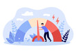 Tiny tired man reducing stress level flat vector illustration. Cartoon employee struggling with arrow of crisis measure. Business lifestyle and emotional overload concept