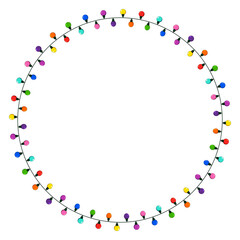 Wall Mural - Christmas lights string circle frame. Round wreath illustration with copy space. Ring shape garland festive border isolated on white background. Vector colorful design element.