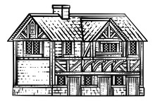 An Old Medieval House, Row Of Houses Or Inn Building Drawing Or Map Design Element In A Vintage Engraved Woodcut Style