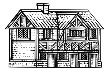 An old medieval house, row of houses or inn building drawing or map design element in a vintage engraved woodcut style