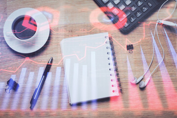 Multi exposure of forex chart drawing and work table top veiw. Concept of financial analysis.