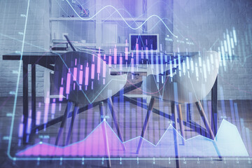 Multi exposure of financial graph drawing and office interior background. Concept of market analysis.