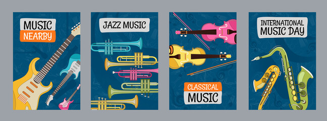 Wall Mural - Colorful posters design with musical instruments. Vivid brochures for music day or festival. Concert and entertainment concept. Template for promotional leaflet or flyer