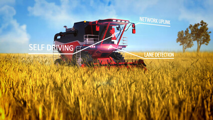 self-driving combine harvester working on the wheat field - industrial 3D illustration with digital overlays