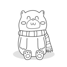 Coloring Page For Kid,little Cute Polar Bear Wearing Scarf Is Sitting.