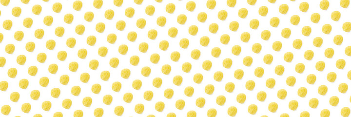 background made from Potato chips on white background flat lay. potato snack chips isolated Fast food banner.