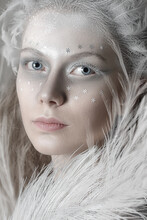 A Beautiful Girl In The Image Of A White Swan In A Silver Dress With White Feathers In The Hands Of The Snow Queen. Portrait Of A Luxurious Blonde. Creative Hairstyle And Makeup. Blue Eyes.