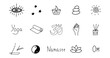 Set of elements for meditation and yoga. Black and white hand drawn doodle icon. Vector isolated symbol illustration