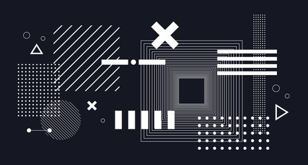 Black and white geometric shape abstract background, stripes and dots 3d wide wallpaper vector