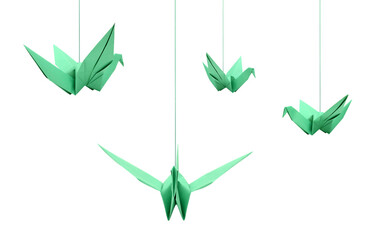 Wall Mural - A hanging origami birds isolated white