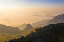 Aerial View Of Doi Pha Mon Misty Mountain Landscape View In Morning In Chiang Rai Province, Thailand