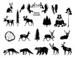 Vector Christmas illustration. Hand drawn design elements. Nursery scandinavian art. Tribal animals. Silhouettes of animals of bear, deer, fox, hare, birds. Winter animals. Forest animals.