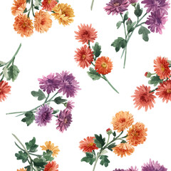 Beautiful seamless floral pattern with watercolor gentle blooming chrysanthemum flowers. Stock illustration.