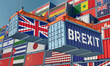 Freight containers with the text BREXIT and United Kingdom flag on the side. 3D Rendering 