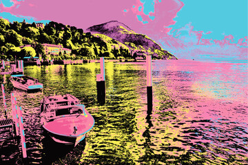 Lake Como with moored motorboat in a cloudy day at Bellagio, a cute village between lake and mountains in northern Italy. Blacklight Poster filter.