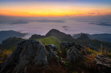 Beautiful Misty Mountain Landscape View In Morning At Doi Pha Mon Peak Viewpoint In Chiang Rai Province, Thailand