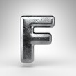 Letter F uppercase on white background. Iron 3D letter with gloss metal texture.