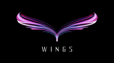 Abstract symmetry bird wings, glowing neon lights forming fantasy bird shape, puple modern graphic element