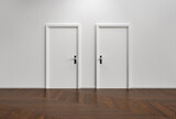 White wall with two closed doors and wooden floor