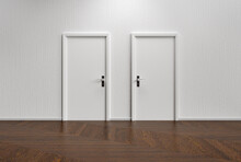 White Wall With Two Closed Doors And Wooden Floor