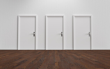 White wall with three closed doors and wooden floor