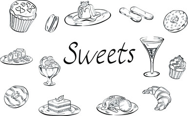 Canvas Print - sweets, candy, bakery, ice cream, croissant line art vector banner isolated on white. Concept for banner, menu, cards