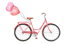 A Bicycle With A Basket Of Hearts And Balloons In The Shape Of A Heart. Valentine's Day And Love.  Illustration For A Postcard Or A Poster.