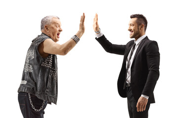 Sticker - Businessman gesturing high-five with a mature punk rocker