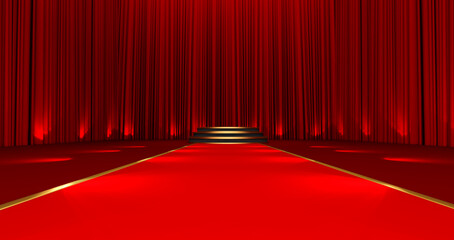 3D render of Red carpet on the round podium with steps. Red carpet on the stairs on a red silk background.
