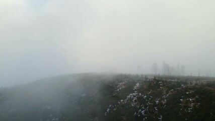Poster - Aerial footage of Beskidy Mountains in clouds, view from Malinowska Skała at Dolina Zimnika and Skrzyczne.