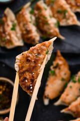 Canvas Print - Traditional asian pan fried gyoza dumplings with dip sauce, japaneese gyoza dumplings with meat and mushrooms on stick