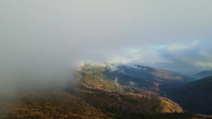 Poster - Aerial footage of Beskidy Mountains in clouds, view from Malinowska Skała at Dolina Zimnika and Skrzyczne.